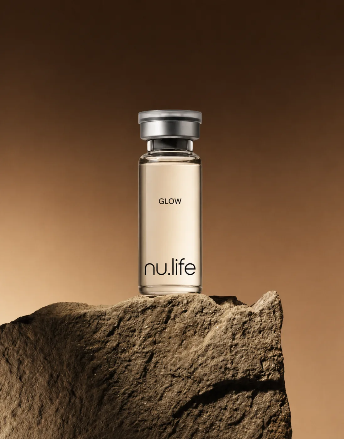 A nu.life peptide vial on a stone plinth
